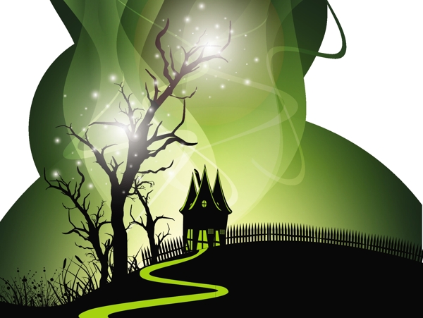 万圣节之夜的背景与闹鬼的房子和树木死亡的EPS10