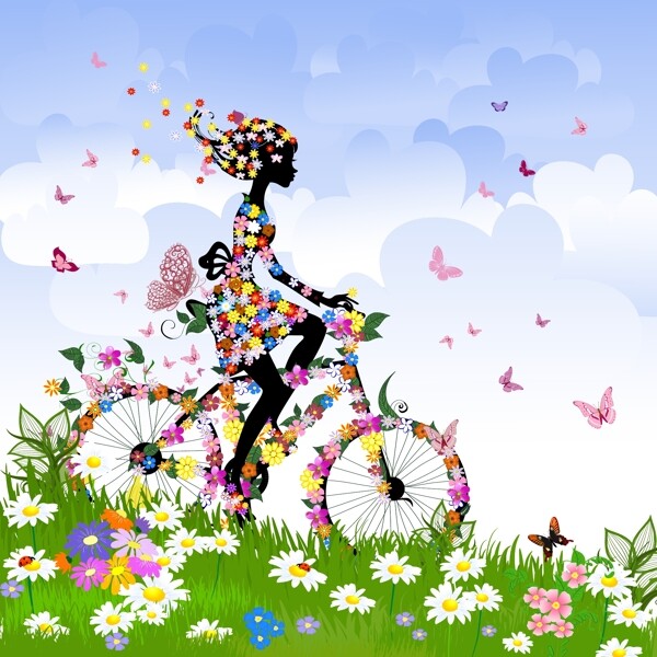 春天骑车自行车的花纹美女图片