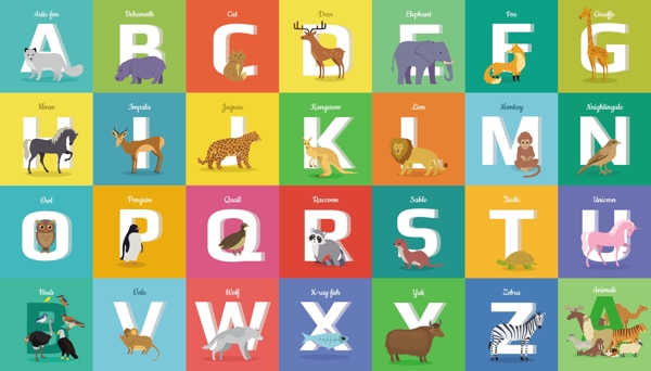 彩色卡通动物字母挂图矢量素材