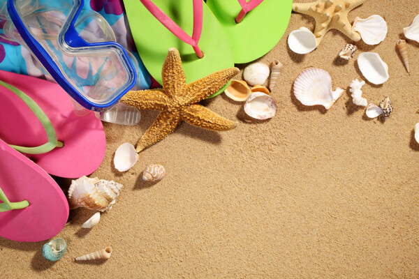 沙滩上的拖鞋与贝壳图片