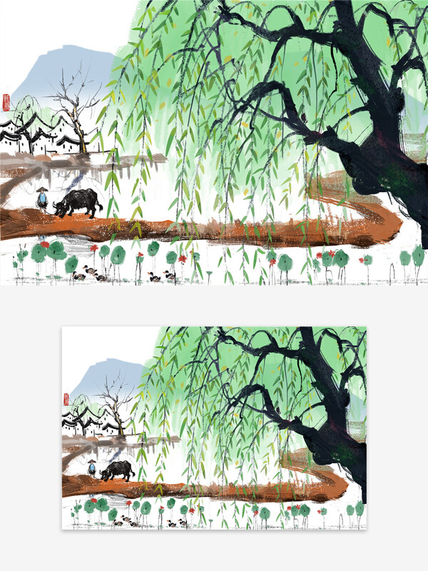 傳統(tǒng)水墨畫(huà)田園景色放牛的孩子荷花柳樹(shù)插畫(huà)
