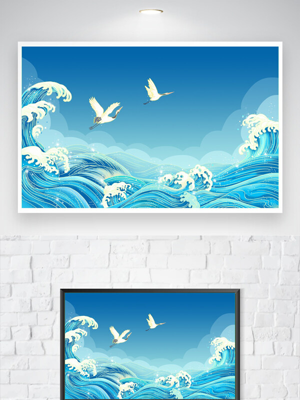藍色清新中國風國潮手繪大海浪花仙鶴背景