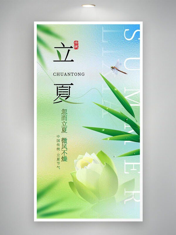 清新質(zhì)感背景白色荷花蜻蜓元素立夏時節(jié)海報
