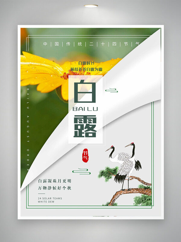白露凝珠月更明創(chuàng)意手繪仙鶴插畫(huà)節(jié)氣海報(bào)