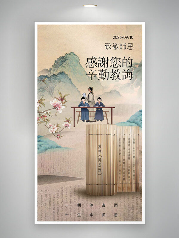 傳統(tǒng)水墨畫青山背景竹簡(jiǎn)致敬師恩教師節(jié)海報(bào)