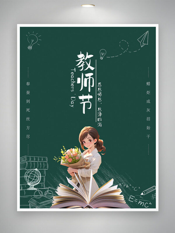 感恩師恩恩澤四海綠色背景卡通插畫教師節(jié)海報(bào)
