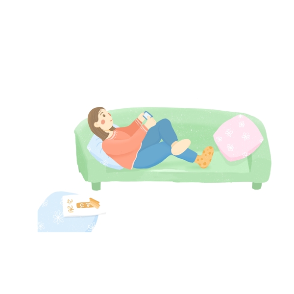 肥宅翘着二郎腿躺在沙发上玩手机的女孩