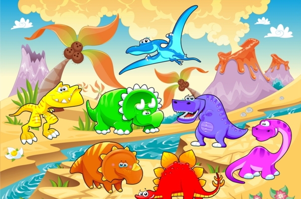 可爱的动物火山场景恐龙