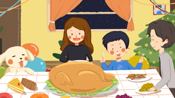 感恩节家人庆祝吃烤鸡温馨家庭插画