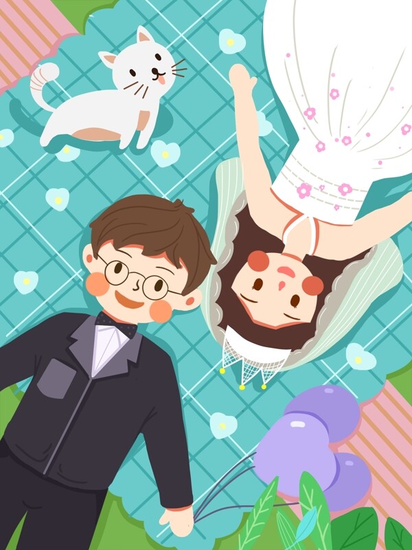 温馨浪漫婚礼场景小猫气球插画