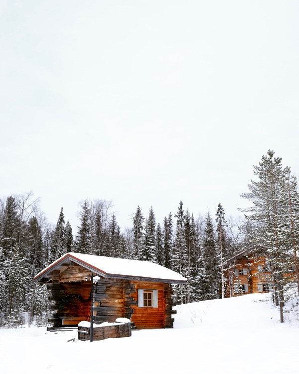 森林边白雪覆盖的小木屋