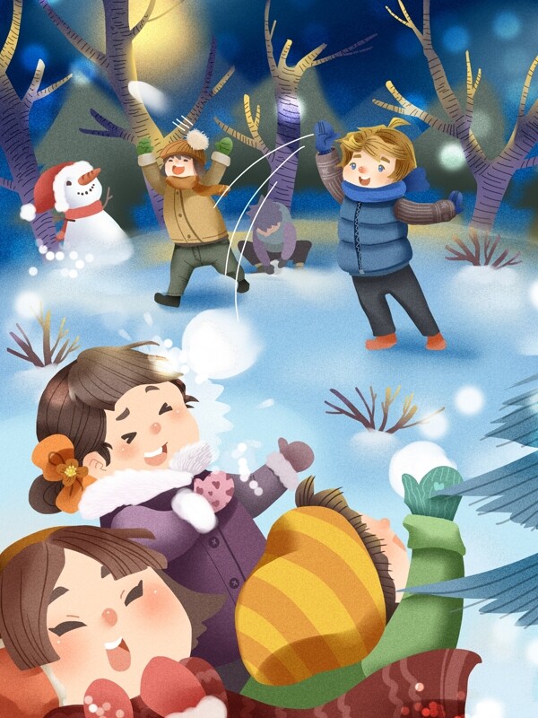 打雪仗之男孩女孩组队一起快乐打雪仗