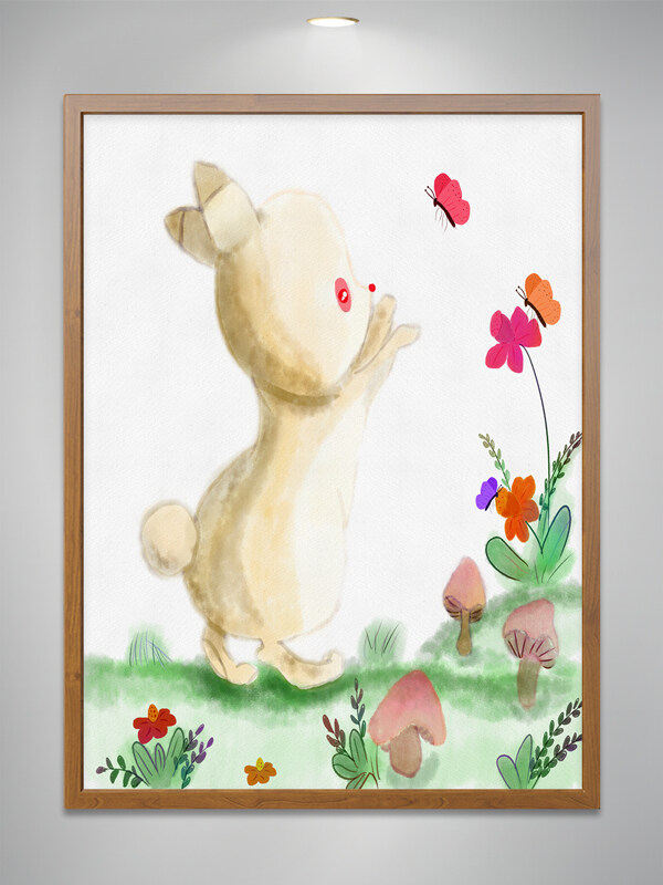 水彩兔子  手绘兔子  兔子  插画  包装插画  小草  植物  植物小景  手绘蝴蝶