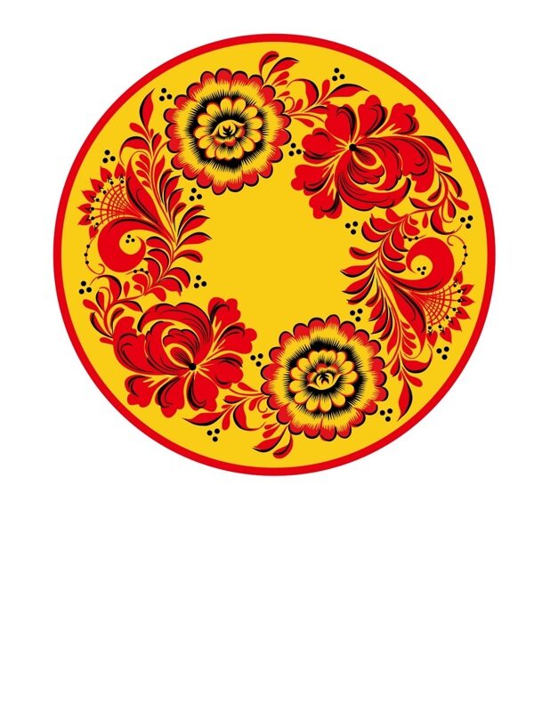 传统 欧式俄式 圆形花卉图案背景贴图黄底红花双朵环形