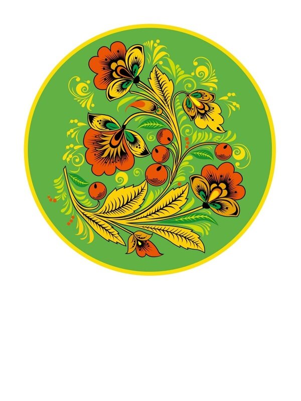 传统 欧式俄式 圆形花卉图案背景贴图 绿底红花加果