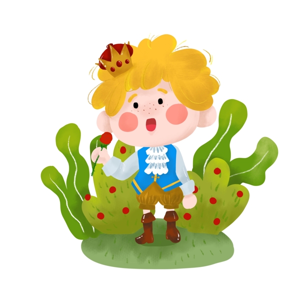 卡通手绘玫瑰植物王冠金发童话小王子