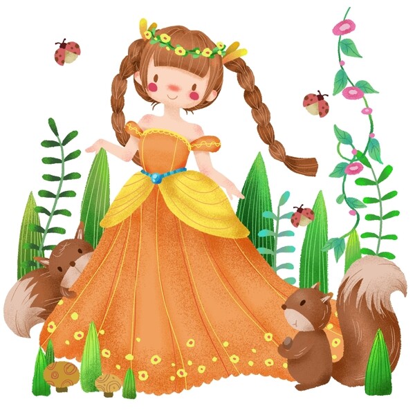 手绘森林春天公主热闹可爱