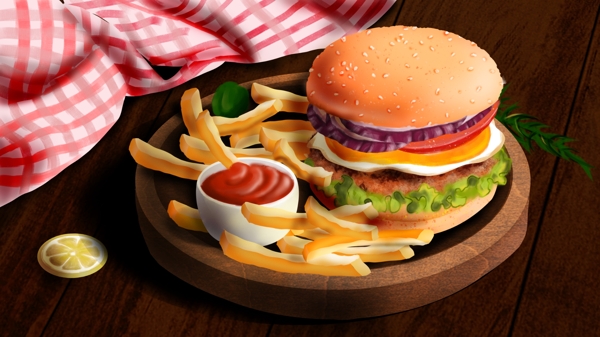 美食西餐汉堡包薯条番茄酱托盘粉红格子桌布