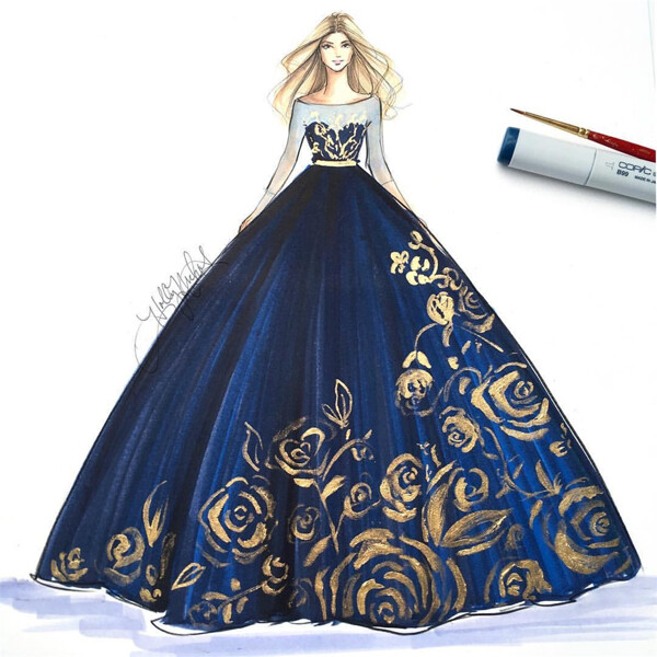 蓝色花纹礼服设计图