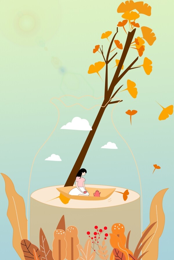秋天树上的女孩背景海报
