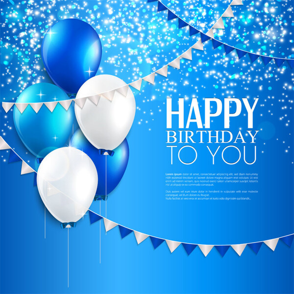 蓝色气球三角旗生日卡片图片