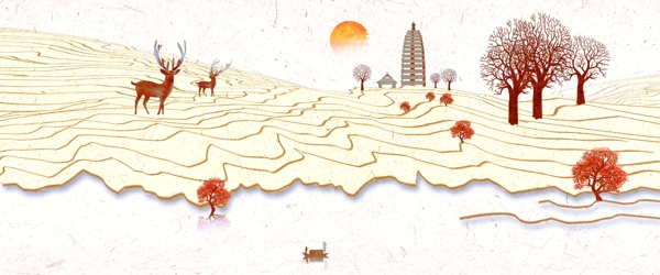 中国风创意线条意境水墨山水麋鹿画装饰画
