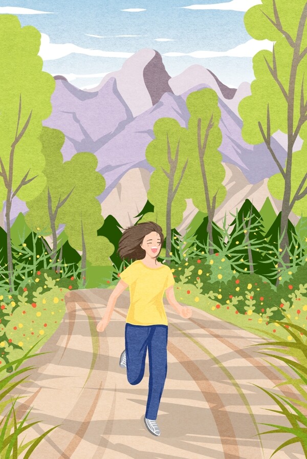 夏季公园跑步的女孩海报背景图