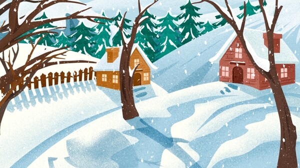 卡通树木房屋雪地冬季雪景背景素材