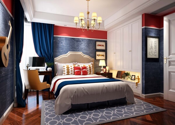 美式时尚卧室深蓝色窗帘室内装修效果图