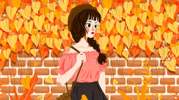 唯美你好秋天插画黄叶满墙前的女孩秋季插画