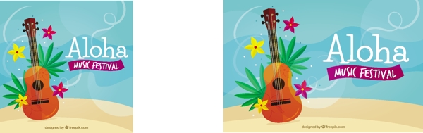 ALOHA与平面设计背景吉他和鲜花