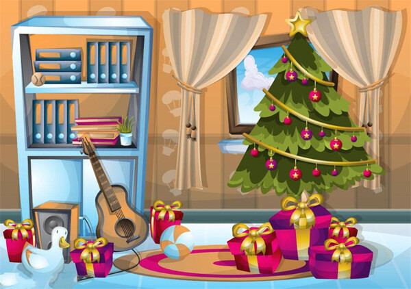 房屋里的圣诞树与书架图片