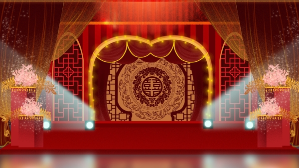 婚礼季红色中式古典婚礼舞台区插画