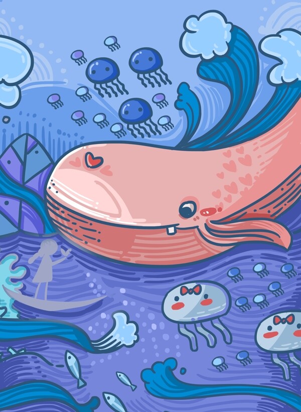 蓝色卡通手绘鲸鱼插画背景