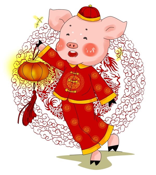 卡通手绘原创厚涂春节猪猪提灯笼拜年插画PNG