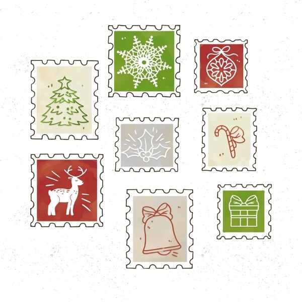 手绘图案的圣诞节邮票标签