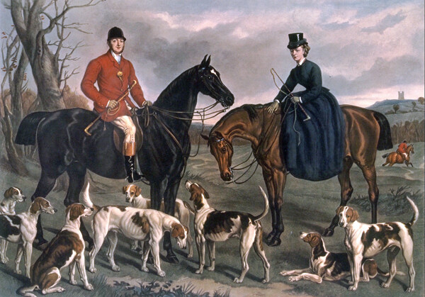 油画骑马的人物与狗图片