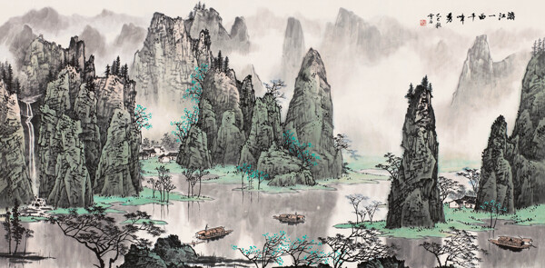 桂林山水黑白图山水画