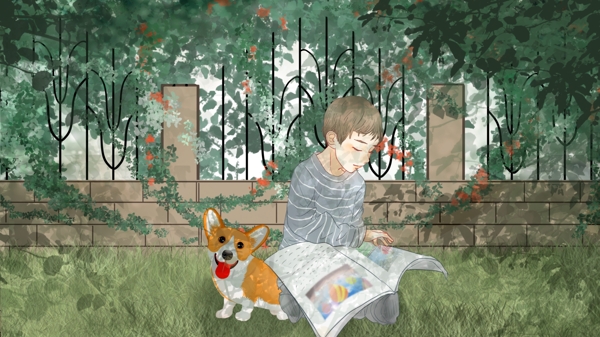 可爱清新在草地上看书的小男孩与小狗
