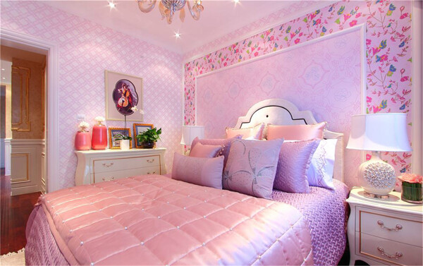 粉红色墙纸装修效果图图片
