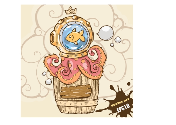 卡通坐在桶上的章鱼矢量素材