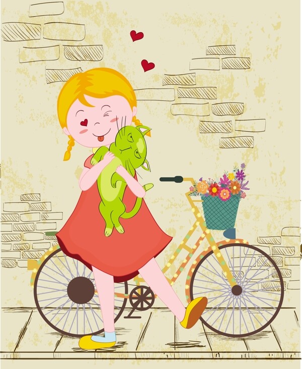 女孩骑自行车矢量素材