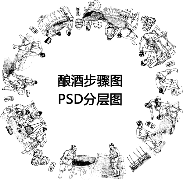 酿酒白描图图片