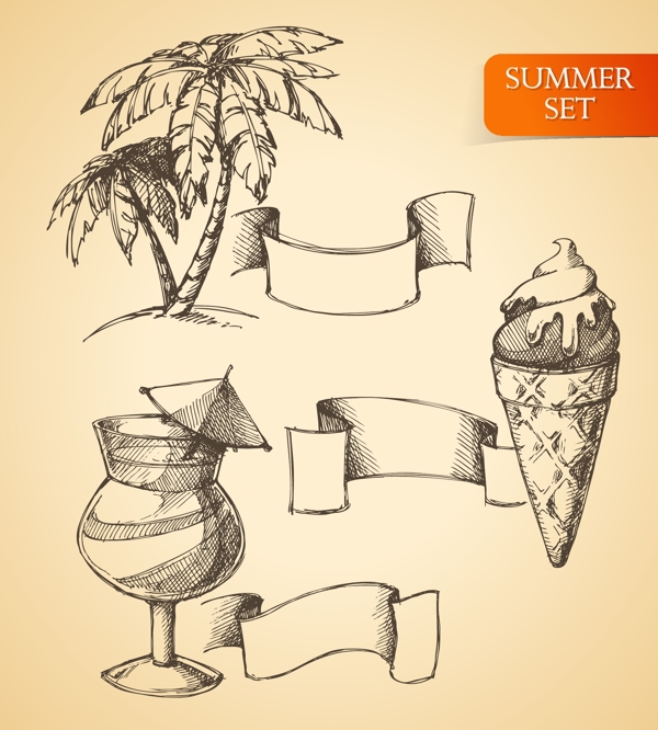 带隔离的矢量插图棕榈冰淇淋和鸡尾酒素描的夏天