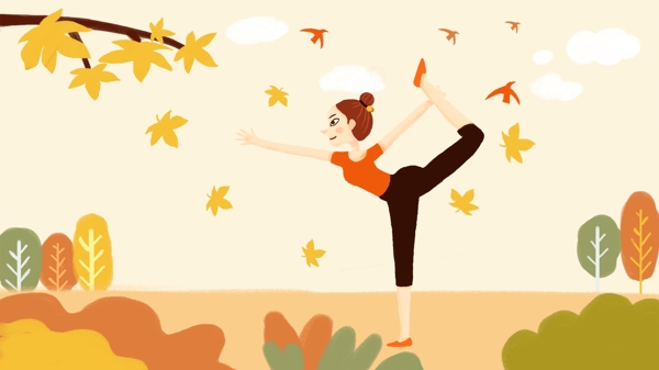 原创二十四节气枫叶下做瑜伽运动的女孩
