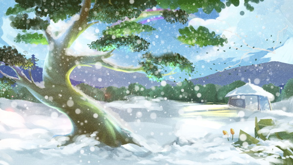 冬天大雪大树背景手绘设计