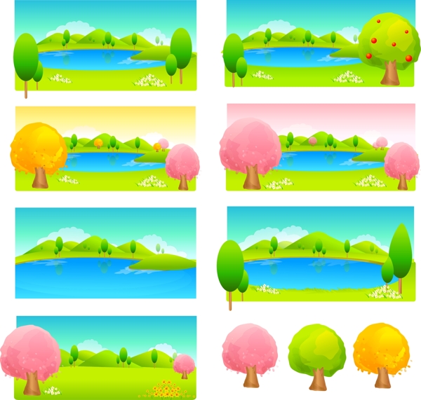 彩色树木和湖泊