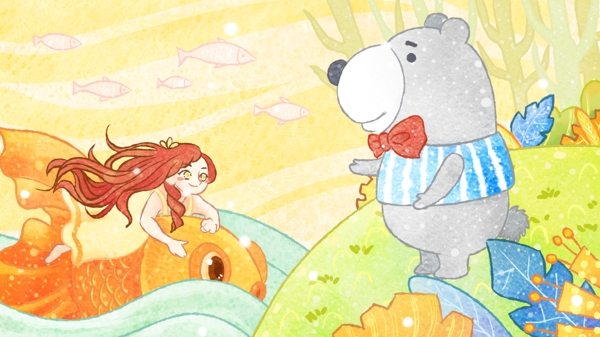 水彩风童话金鱼女孩与可爱熊