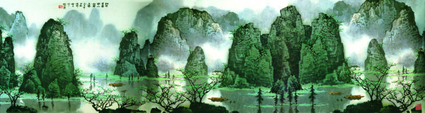 桂林山水水墨画绿色图片