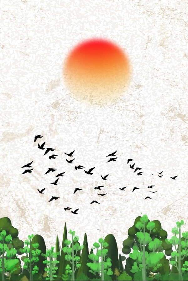 小清新绿色森林飞鸟红日春天背景图